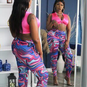 Two Piece Legging Set Pink Crop Top & Swirl Print Leggings | Matching Set